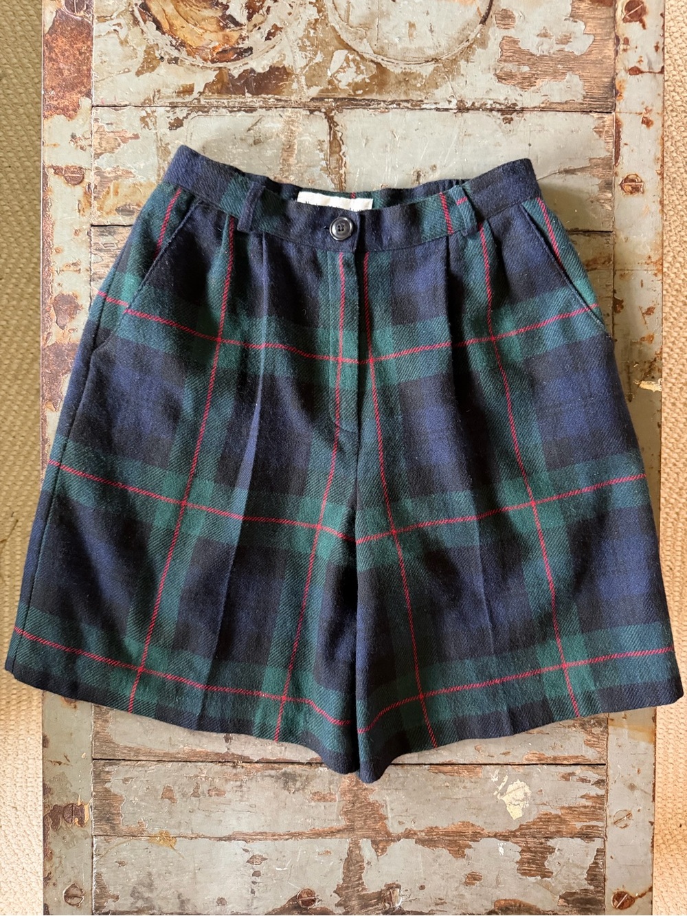 Norton McNaughton Navy, Green & Red Plaid Wool Bermuda Shorts
